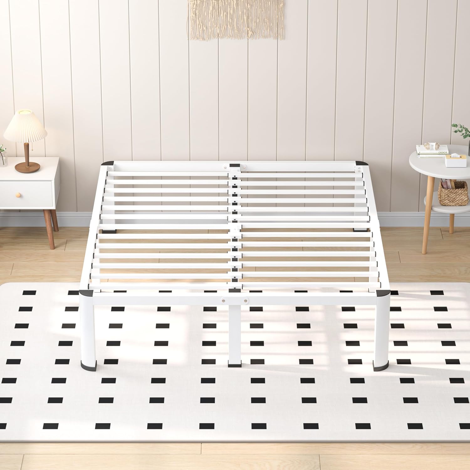 VIPSHOW 14 Inch White Queen Heavy Duty 3500 lbs Bed Frame with Round-Corner Legs & Anti-Squeak Design – Quick Assembly Metal Platform, No Box Spring Needed
