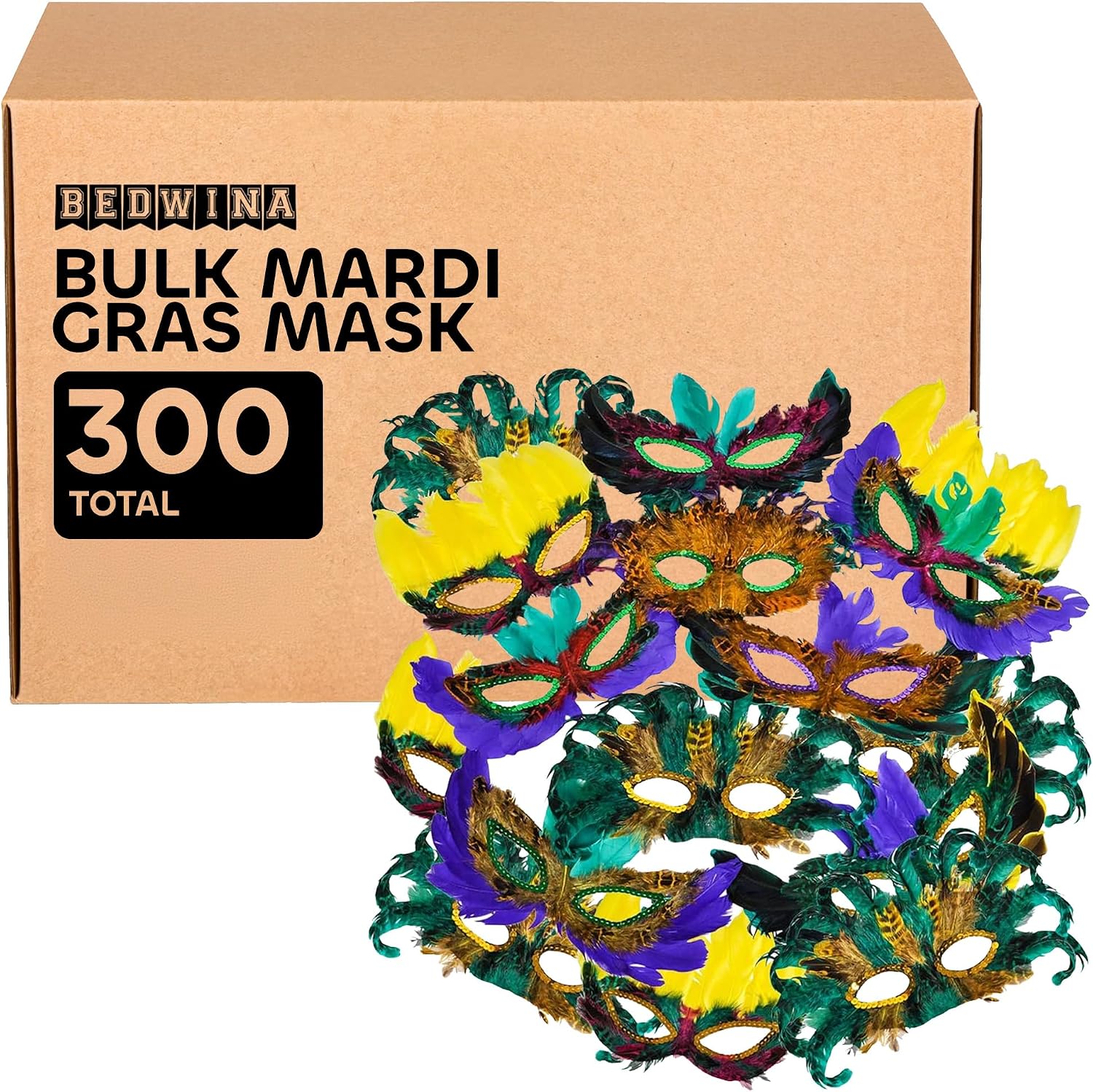 Bedwina Bulk Mardi Gras Masks 12/50/300Pcs - Carnival Masquerade for Women, Men, Kids Party Costume, Mardi Gras Decorations