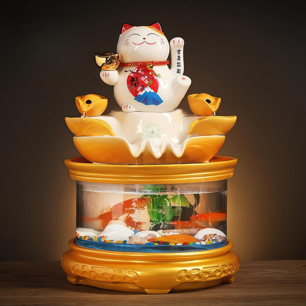 Tabletop Water Fountain Indoor with Maneki Neko, Money Lucky Cat, Fish Tank Decorations for Feng Shui Decor & Gifts for Home, Feng Shui Statue, Chinese New Year Decoration, Chinese Decor & Gifts (A)