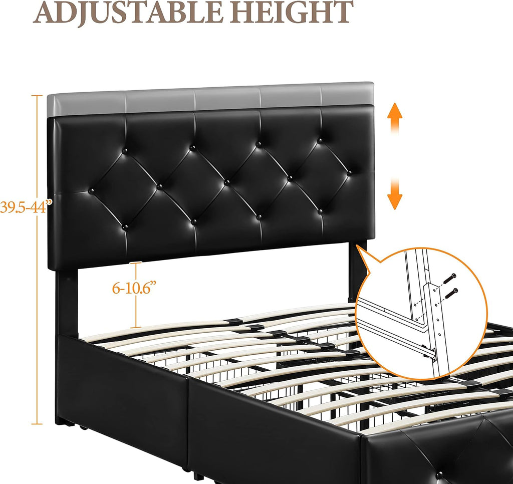 Yaheetech Upholstered Bed Frame with 4 Storage Drawers and Adjustable Headboard, Faux Leather Platform Bed Frame with Mattress Foundation, Strong Wooden Slats Support, No Box Spring Needed, Black-Full