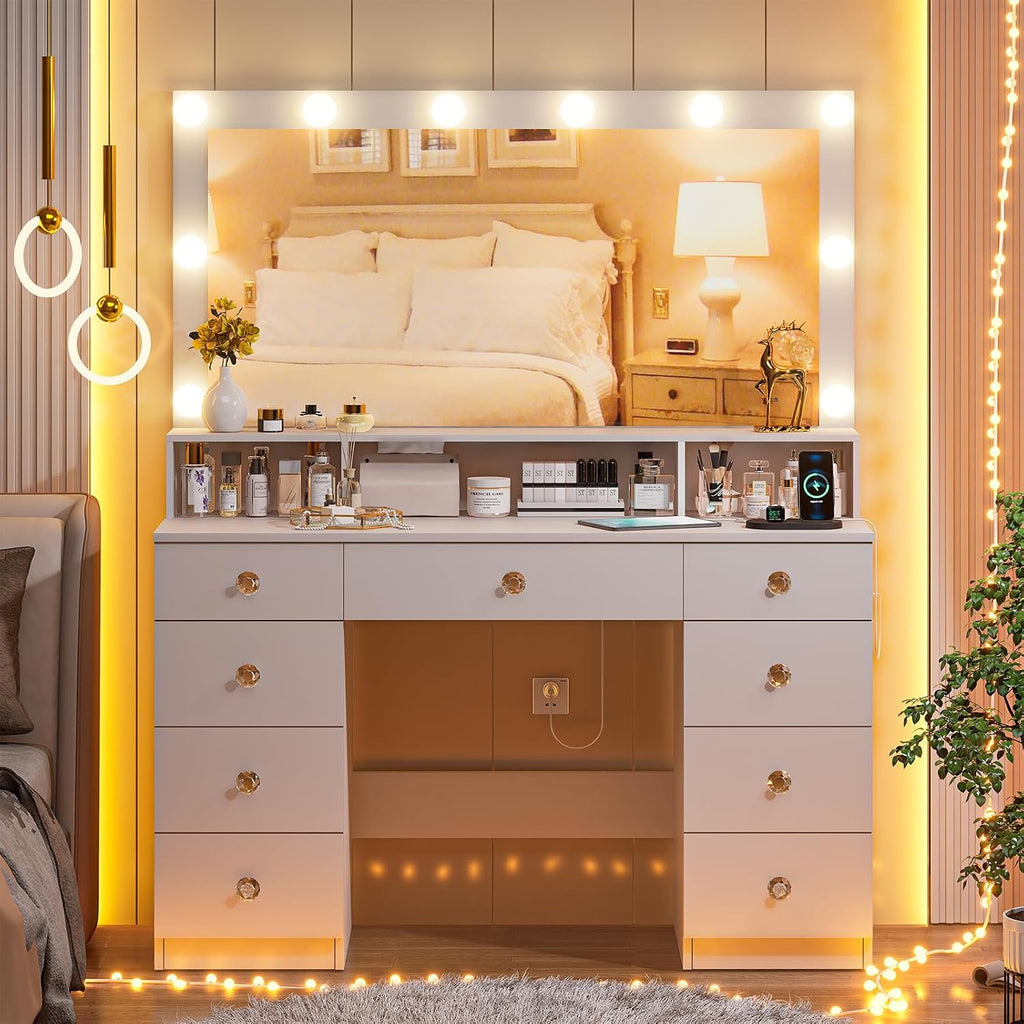 DINGIPP Vanity Desk with Lighted Mirror, Makeup Vanity Table with Power Outlet, 9 Drawers & Crystal Handles, 43.3' Large Vanity Desk Dressing Table for Women, Girls, Bedroom, White
