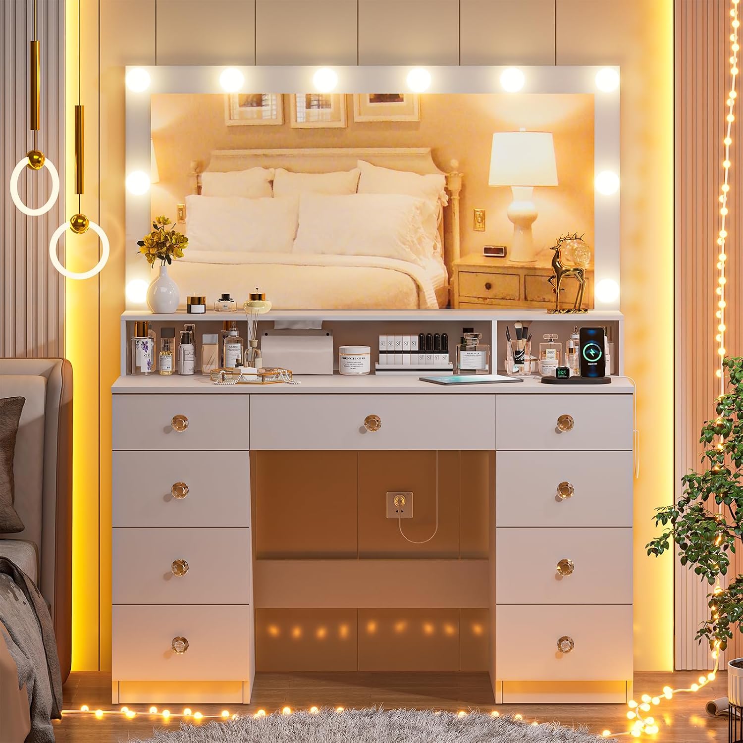 DINGIPP Vanity Desk with Lighted Mirror, Makeup Vanity Table with Power Outlet, 9 Drawers & Crystal Handles, 43.3' Large Vanity Desk Dressing Table for Women, Girls, Bedroom, White