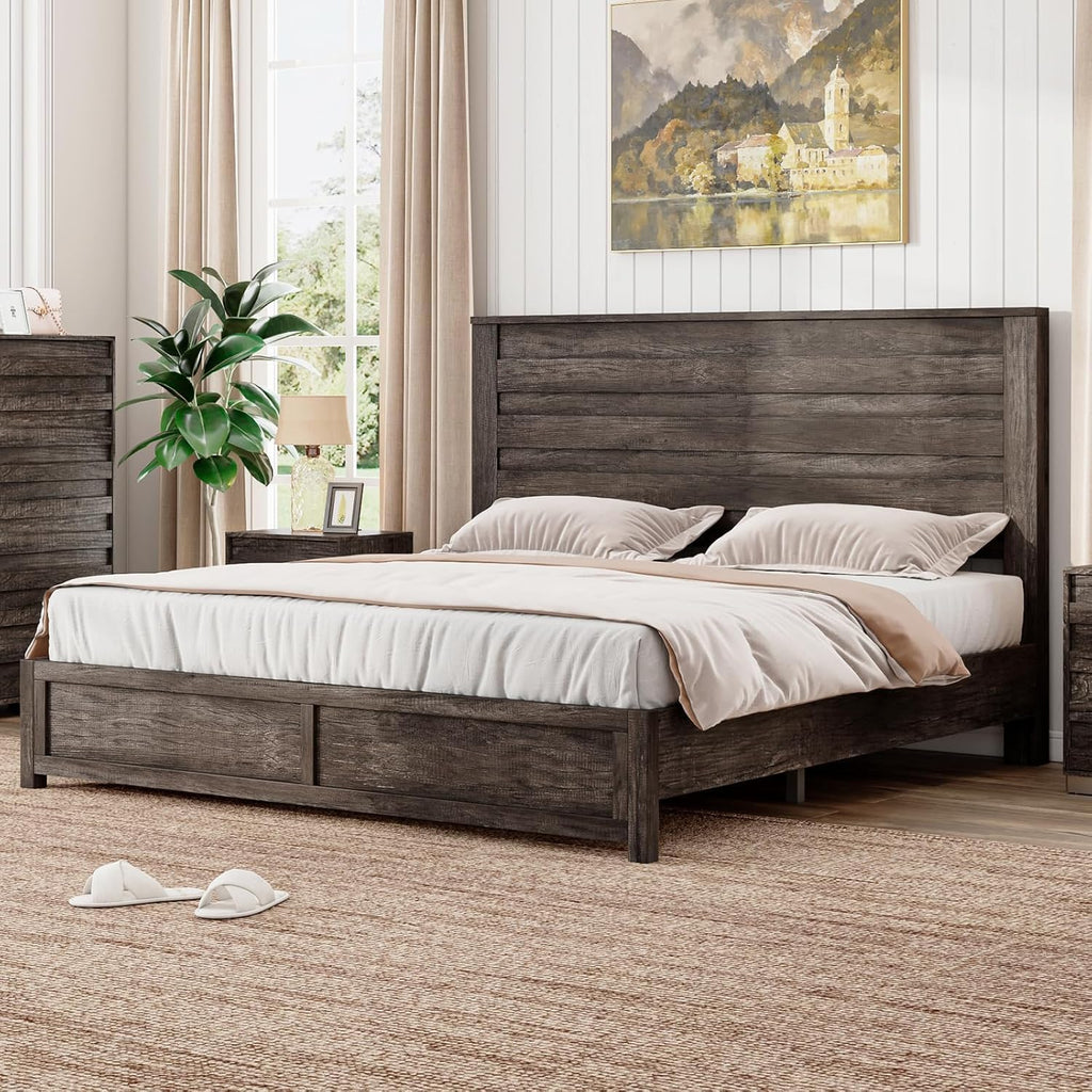 LUXOAK 2 Pcs Bedroom Furniture Sets - Includes 1 X Farmhouse 5 Drawers Dresser, 1X Farmhouse Queen Size Bed Frame with 49' Tall Headboard, Wooden Platform Bed with Hidden Metal Bed Frame, Rustic Grey