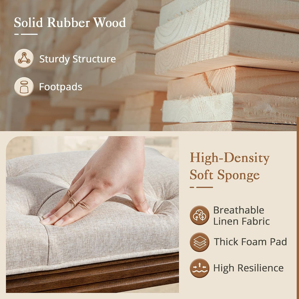 LUE BONA 60' Fabric End of Bed Bench, Upholstered Tufted French Bedroom Bench with Carved Dark Brown Legs for Bedroom End of King Size Bed, Living Room, Linen