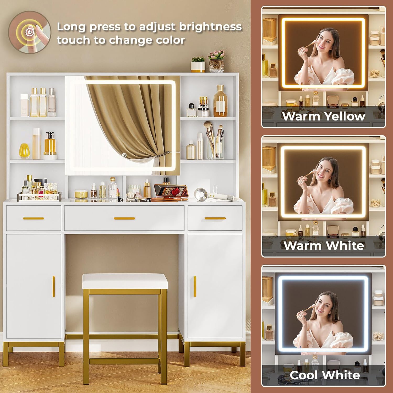 VIAGDO Vanity Desk with Openable Mirror and Lights, Glass Tabletop Makeup Vanity Set with Charging Station, White Vanity Table with 3 Drawers & 2 Cabinets, DIY Drawer Dividers, Hidden Hooks