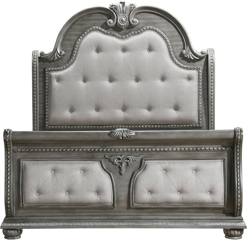 Formal 4-Pieces Queen Size Bed Set Gray Finish Carving Wood Luxury Traditional Bedroom Furniture