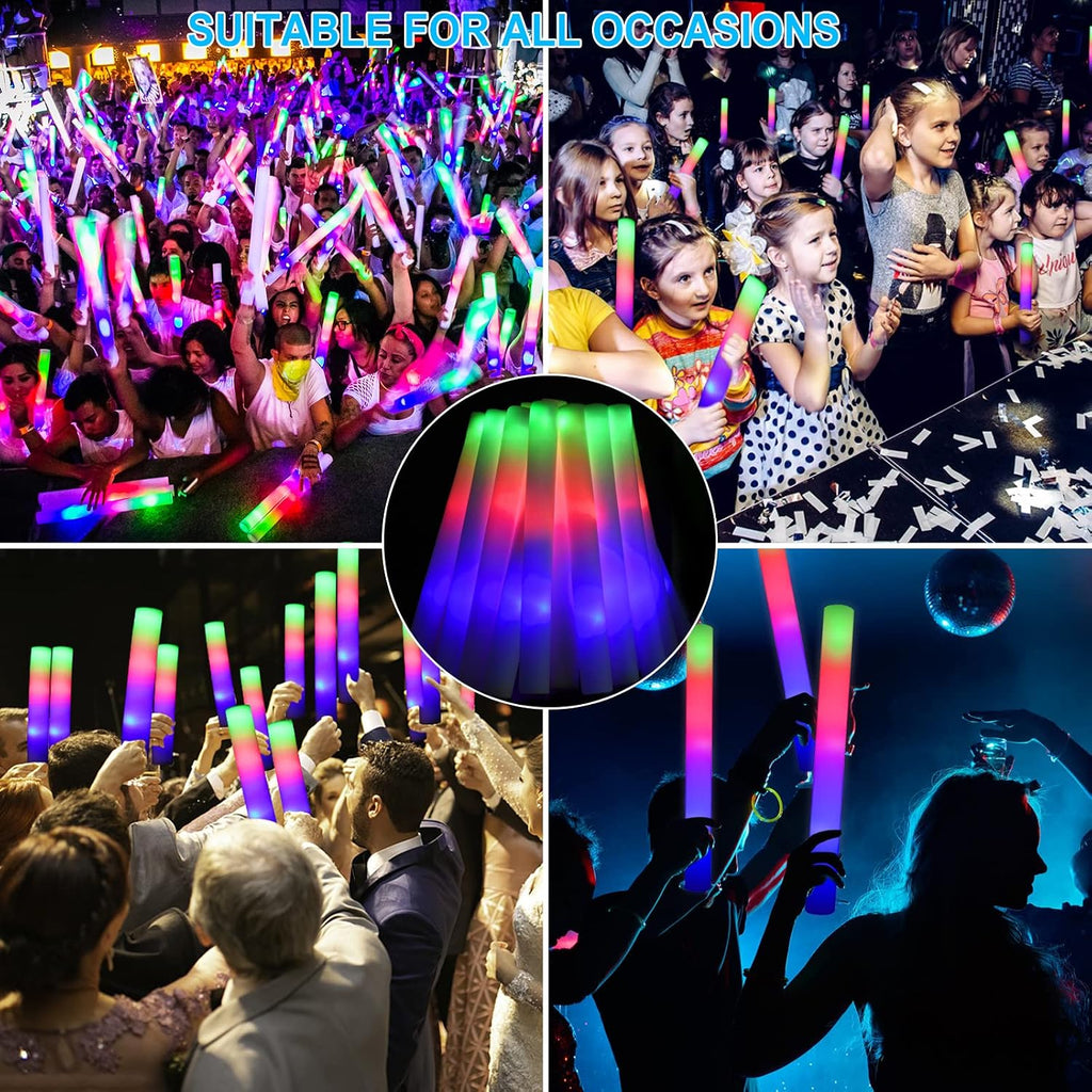 EXCECAR 202PCS Foam Glow Sticks Bulk Party Pack, Foam Light Up Sticks, Light Up Foam Sticks, 3 Mode Colorful Flashing, Glow in The Dark Sticks for Wedding Halloween Christmas Concert Party Supplies