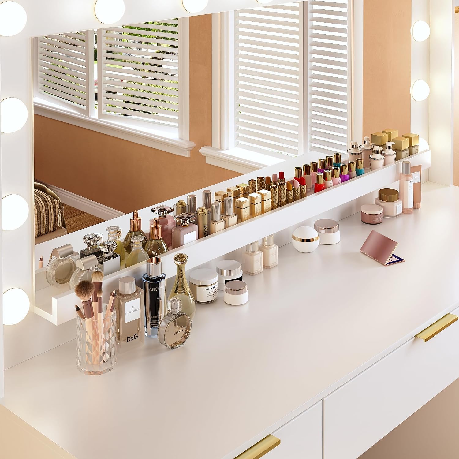 ALEXNUTRE Vanity Desk with Large Mirror and Lights, 45.3in Makeup Vanity with Power Outlet 9 Drawers & Storage, 3 Lighting Color Adjustable, White Vanity Desk for Bedroom