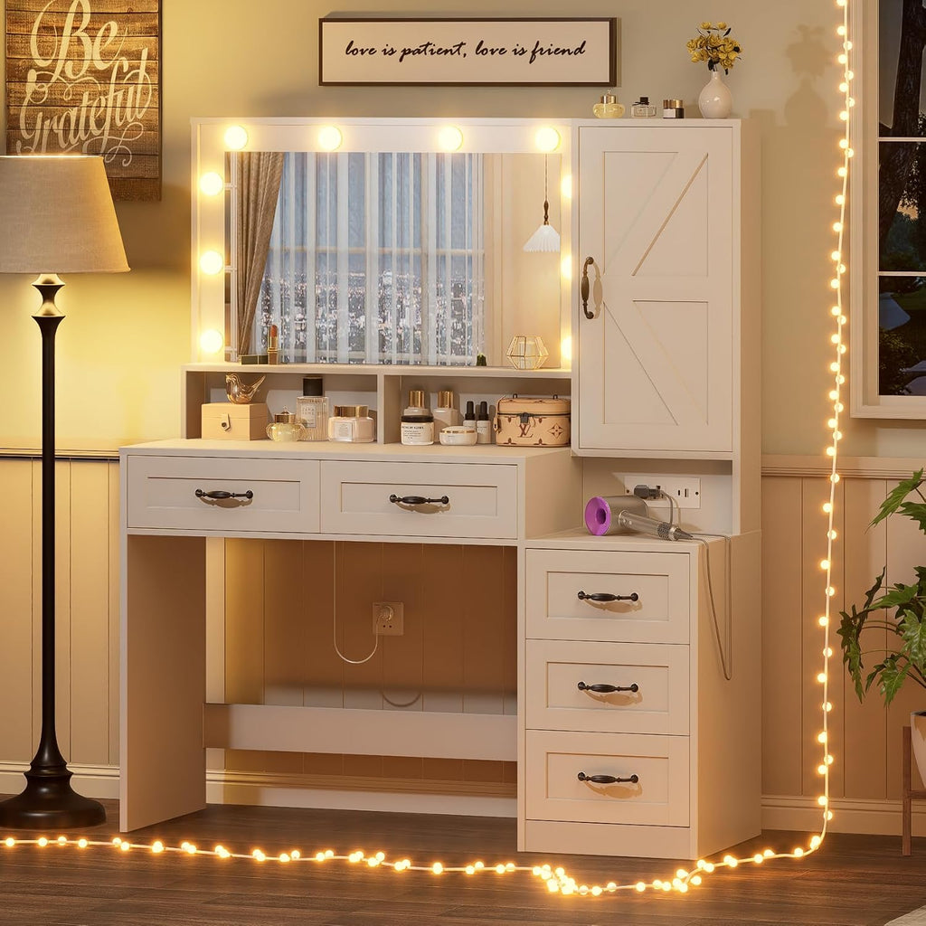 Farmhouse Makeup Vanity with Lighted Mirror, 45.3'' Vanity Desk with Charging Station, 5 Drawers & Open Shelves, Vanity Table Makeup Desk with 1 Cabinet & 9 Hooks for Bedroom (White)
