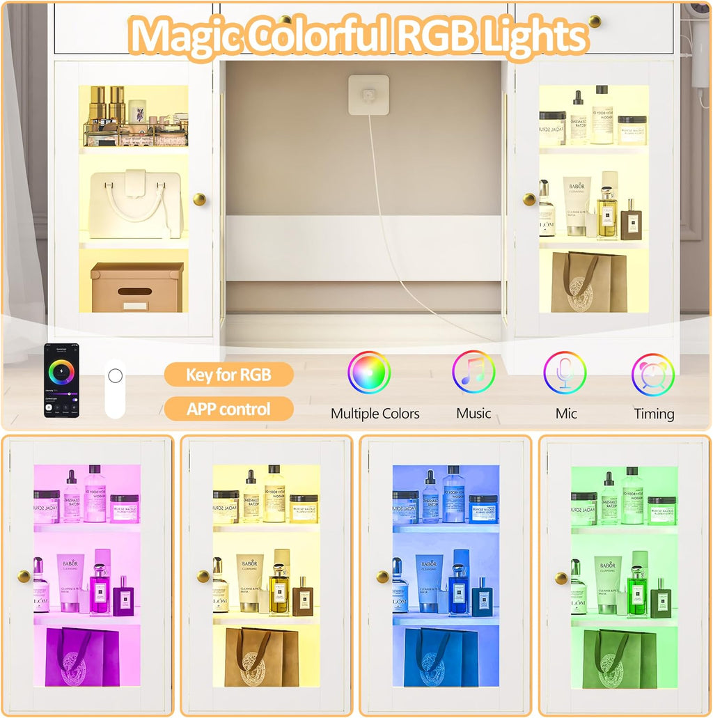 HUANLEGO Vanity Desk with Mirror and Lights, Large Makeup Vanity Set with Power Outlet & RGB Glass Cabinet, 3 Drawers, White Vanity Mirror with Lights Dressing Table for Girls Women, 3 Color Modes
