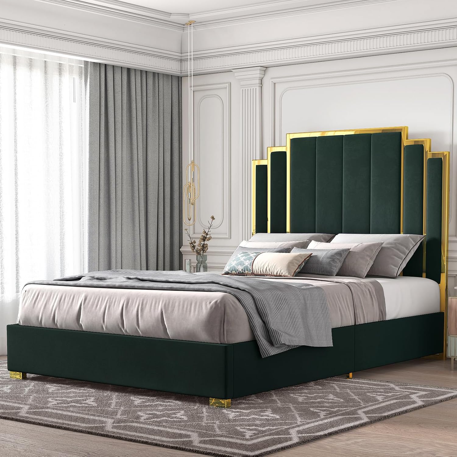HOWE Queen Size Bed Frame and 61' Headboard, Upholstered Bed with Golden Plating Trim, Modern Platform Bed No Box Spring Needed, Green
