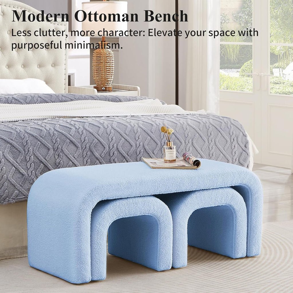 3-Piece Modern Ottoman Bench Set, 44' Wide Teddy Upholstered End of Bed Bench with 2 Foot Stools, Padded U-Shaped Entry Bench Vanity Stool for Living Room Bedroom (Light Blue)