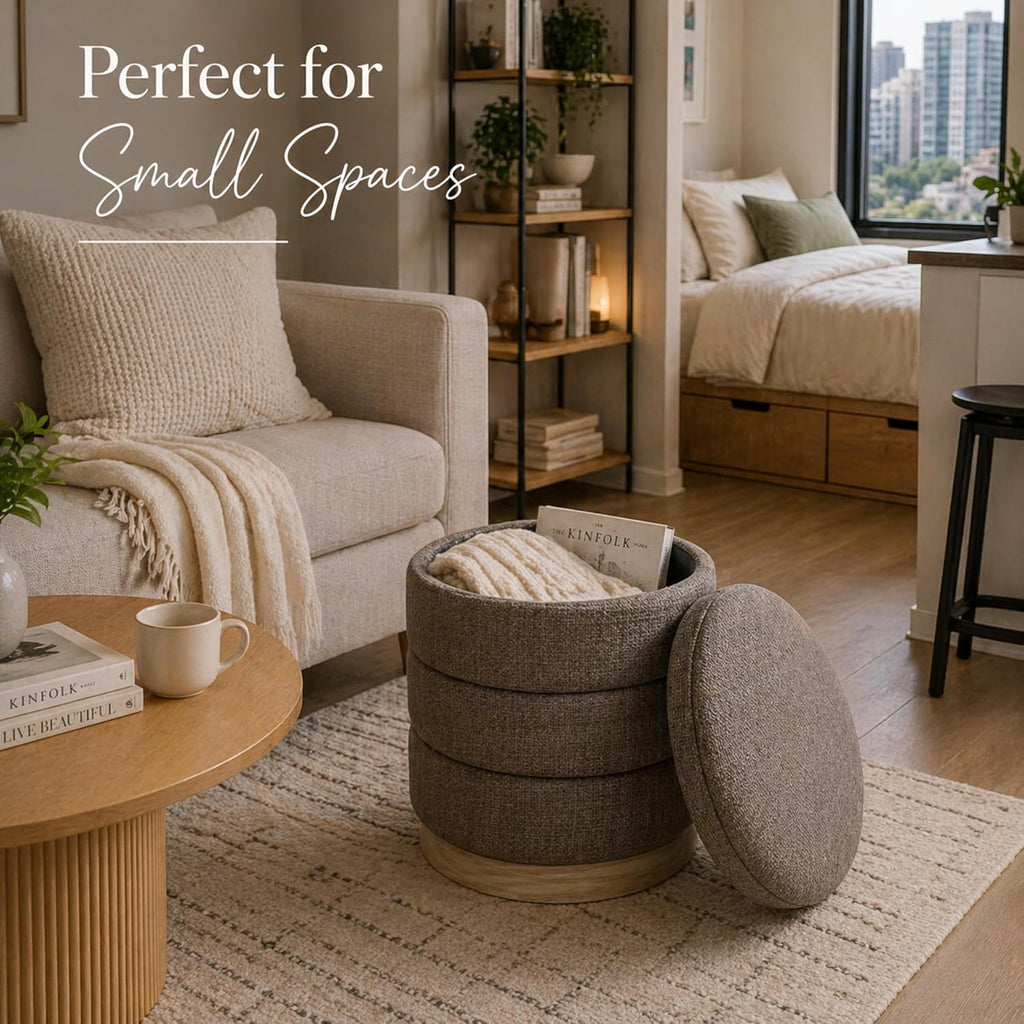 Ottoman Collection Stylish Linen Cylinder Storage Tan Round Footrest Vanity Stool Furniture Living Room Small Bench 16' L X16 W X 17' H