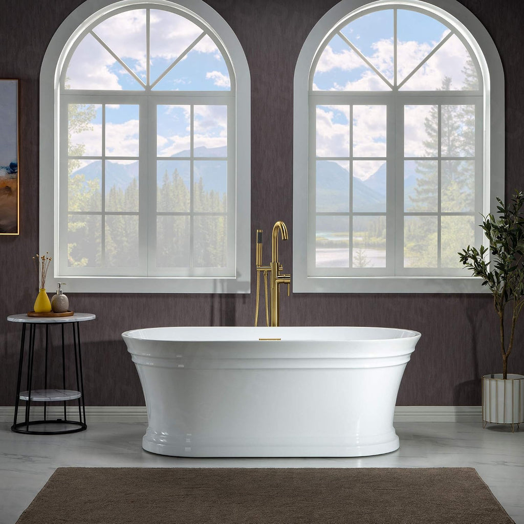 WOODBRIDGE 59'Freestanding White Acylic Soaking Bathtub with White Pillow,Drain and Overflow inBrushed Gold,BTA1536 -BG-Drain &O+ Pillow