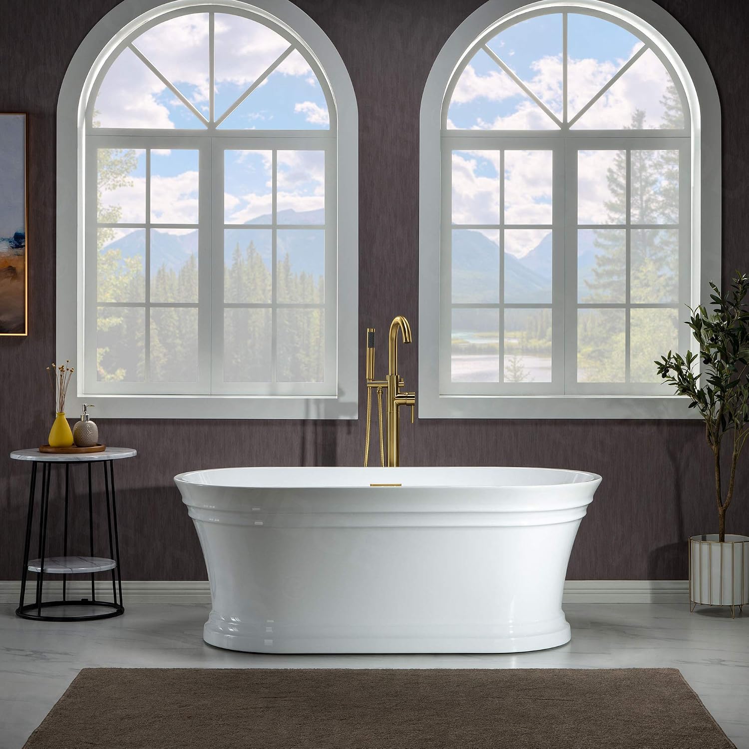 WOODBRIDGE 59'Freestanding White Acylic Soaking Bathtub with White Pillow,Drain and Overflow inBrushed Gold,BTA1536 -BG-Drain &O+ Pillow