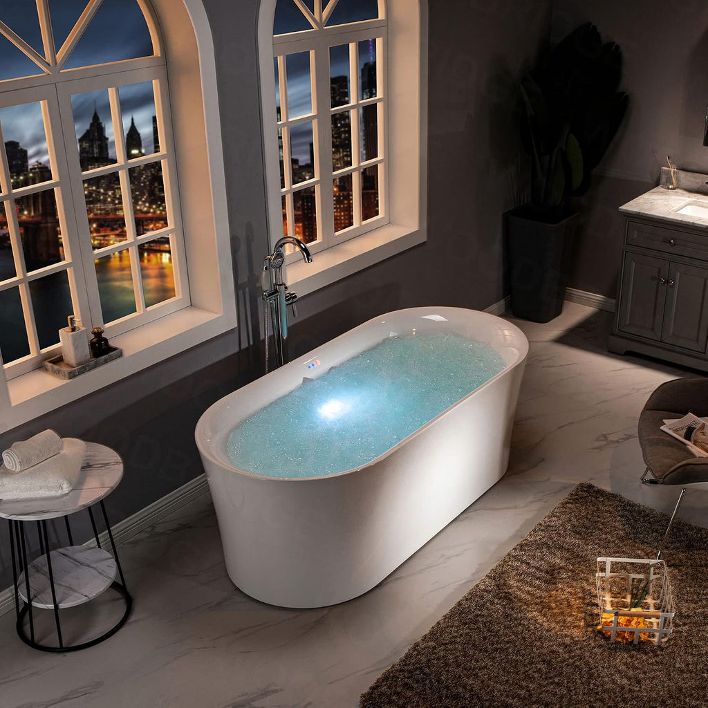 WOODBRIDGE 67' Air Bubble Acrylic Freestanding Bathtub Contemporary Soaking Tub, White Acrylic wirh Oil Rubbed Bronze Drain and Overflow,B0101-ORB