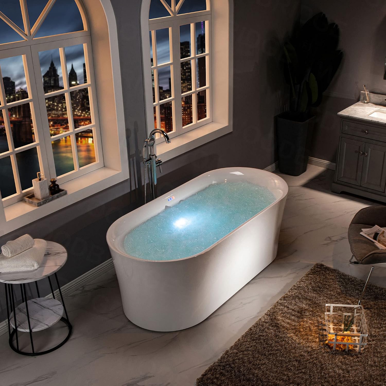 WOODBRIDGE 67' Air Bubble Acrylic Freestanding Bathtub Contemporary Soaking Tub, White Acrylic wirh Oil Rubbed Bronze Drain and Overflow,B0101-ORB