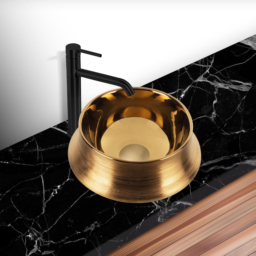 Strictly Sinks 14 Inch Bathroom Vessel Sink – Glossy Gold Ceramic Countertop Bathroom Sink – Easy to Install Above Counter Luxurious Vessel Sink for Bathroom (14″ W x 14″ L x 5-1/2″ H)