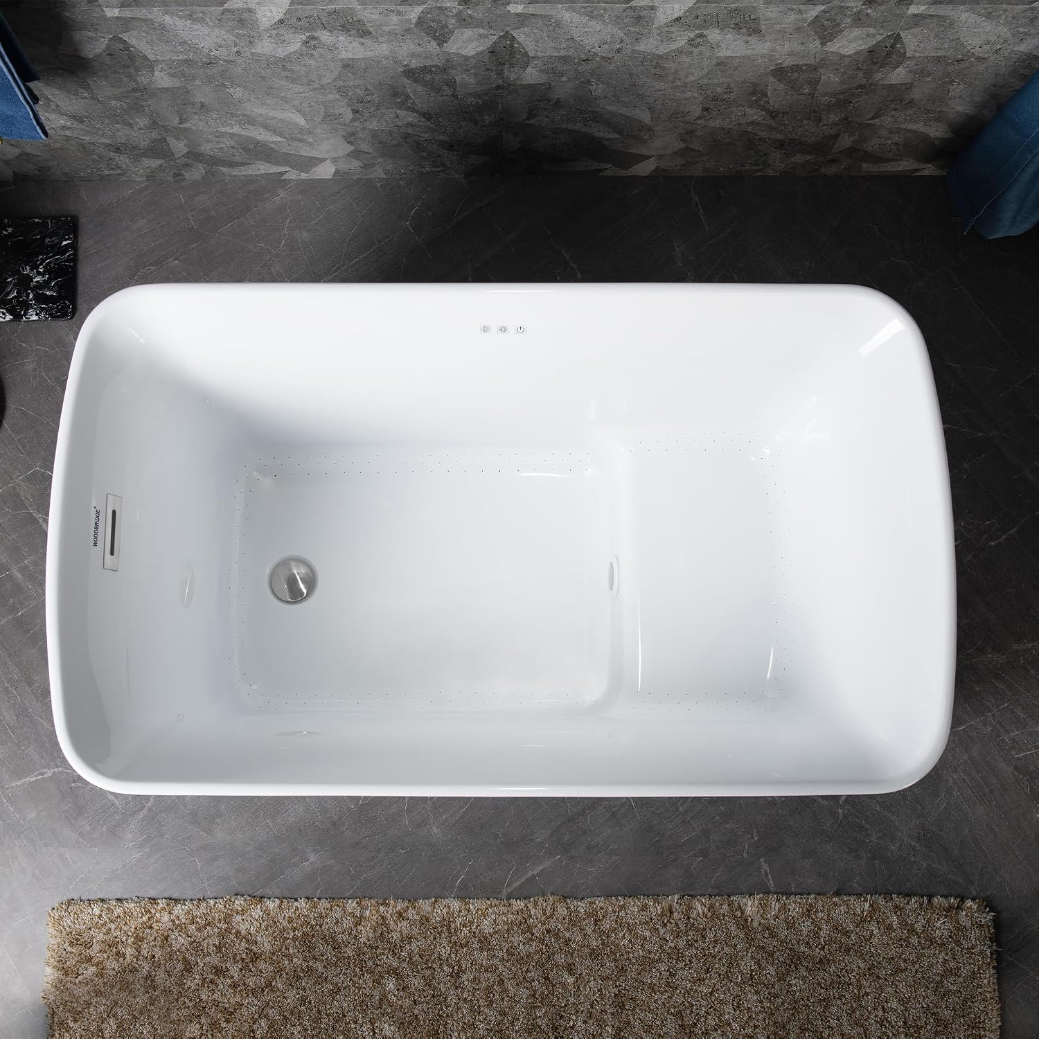 WOODBRIDGE 48' Acrylic Freestanding Rectangular Air Bath Bathtub with Pre-molded Seat and Chrome Pop-Up Drain and Overflow Option, White, B0170-C
