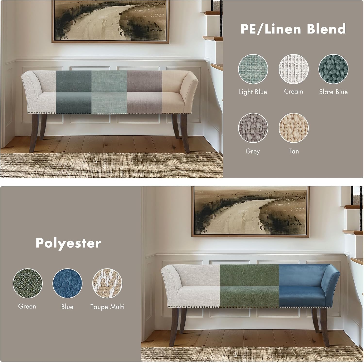 Madison Park Accent Bench, Upholstered with Nailhead Trim, & Padded Seat Entryway Bench Small, End of Bed Bench with Back, 49.5' W x 19.25' D x 23' H, Grey