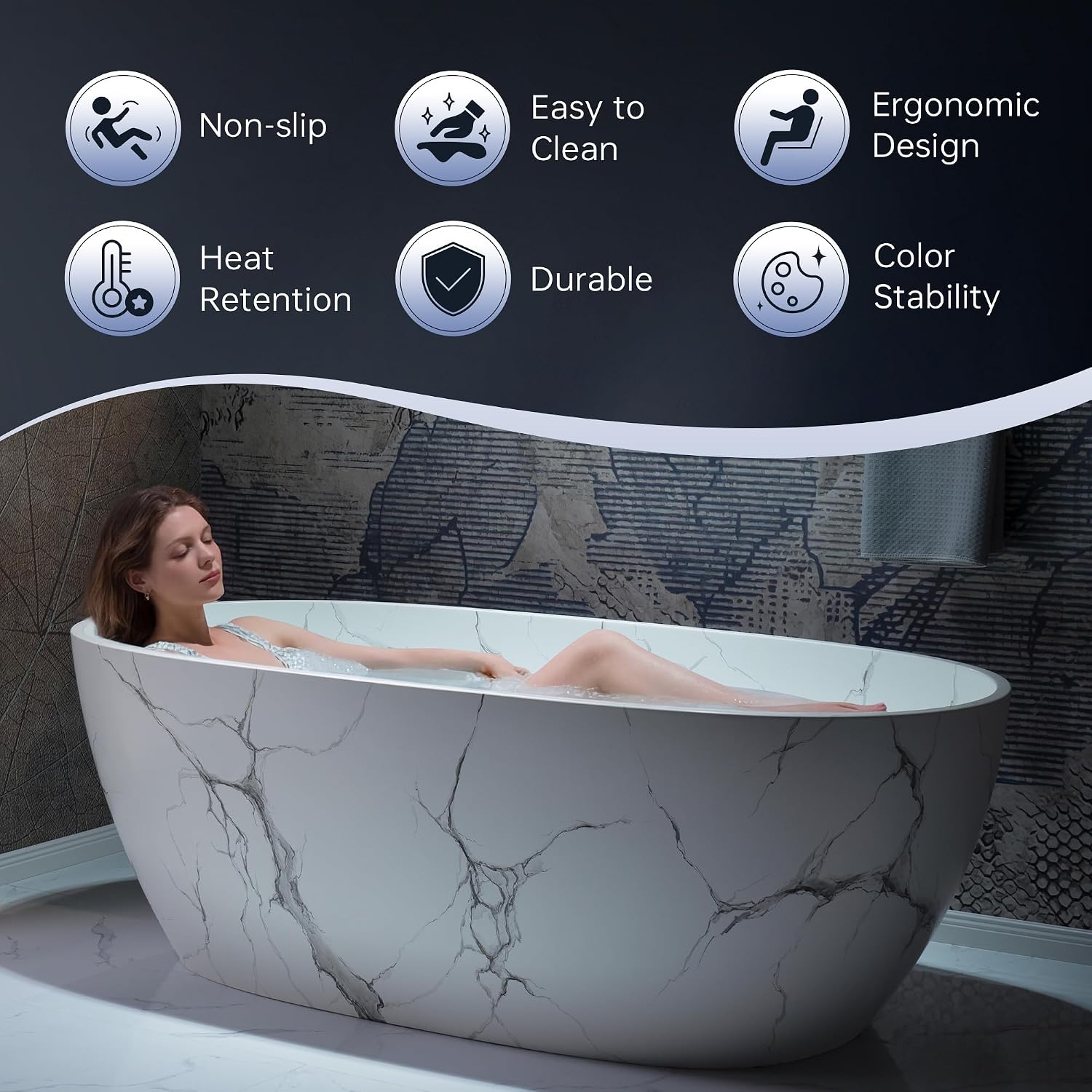 WOODBRIDGE 67' Marble-Pattern Stone Resin Freestanding Soaking Tub, Modern Oval Solid Surface Bathtub with Integrated Slotted Overflow & Drain, Matte Finish, CST0745