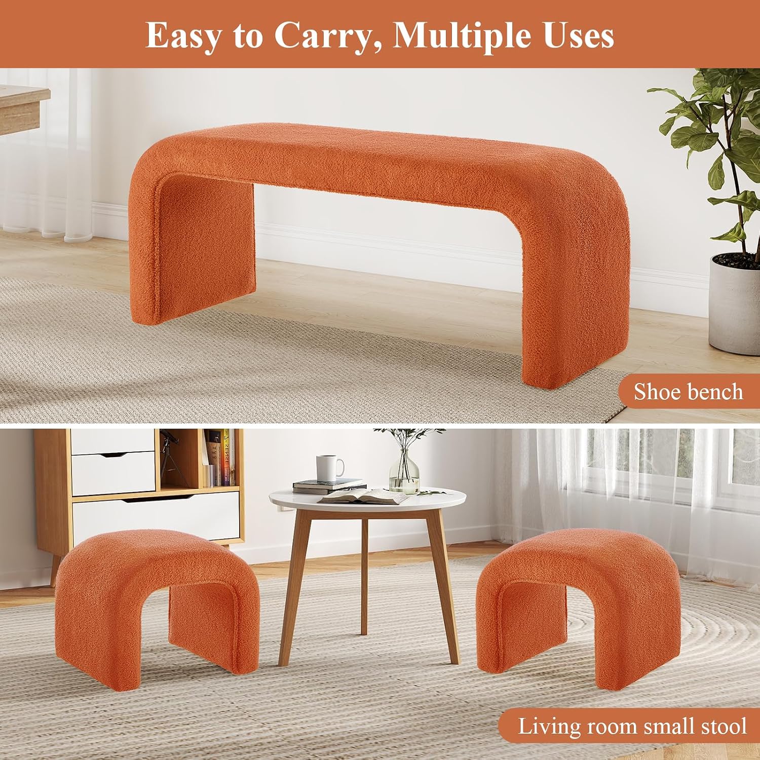 3-Piece Modern Ottoman Bench Set, 44' Wide Teddy Upholstered End of Bed Bench with 2 Foot Stools, Padded U-Shaped Entry Bench Vanity Stool for Living Room Bedroom (Orange)