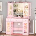 HUANLEGO Vanity Desk with Mirror and Lights, Pink Vanity Mirror with Lights & RGB Glass Cabinet and 3 Drawers, Makeup Vanitys Desk with Lighted Mirror, Dressing Table for Girls Bedroom, 3 Color Modes