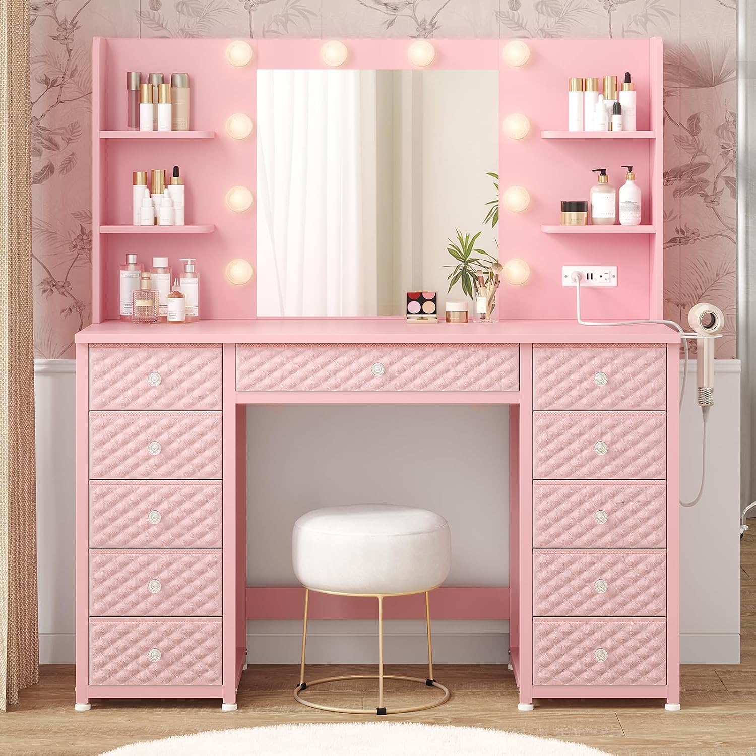 HAUOMS Pink Vanity with Lights and Mirror, 11 Drawer Makeup Vanity with Power Strip, 6 Open Shelves, 43.3' Vanity Desk with Storage, Dressing Table with 3 Color Modes for Bedroom, Women, Girls (Pink)