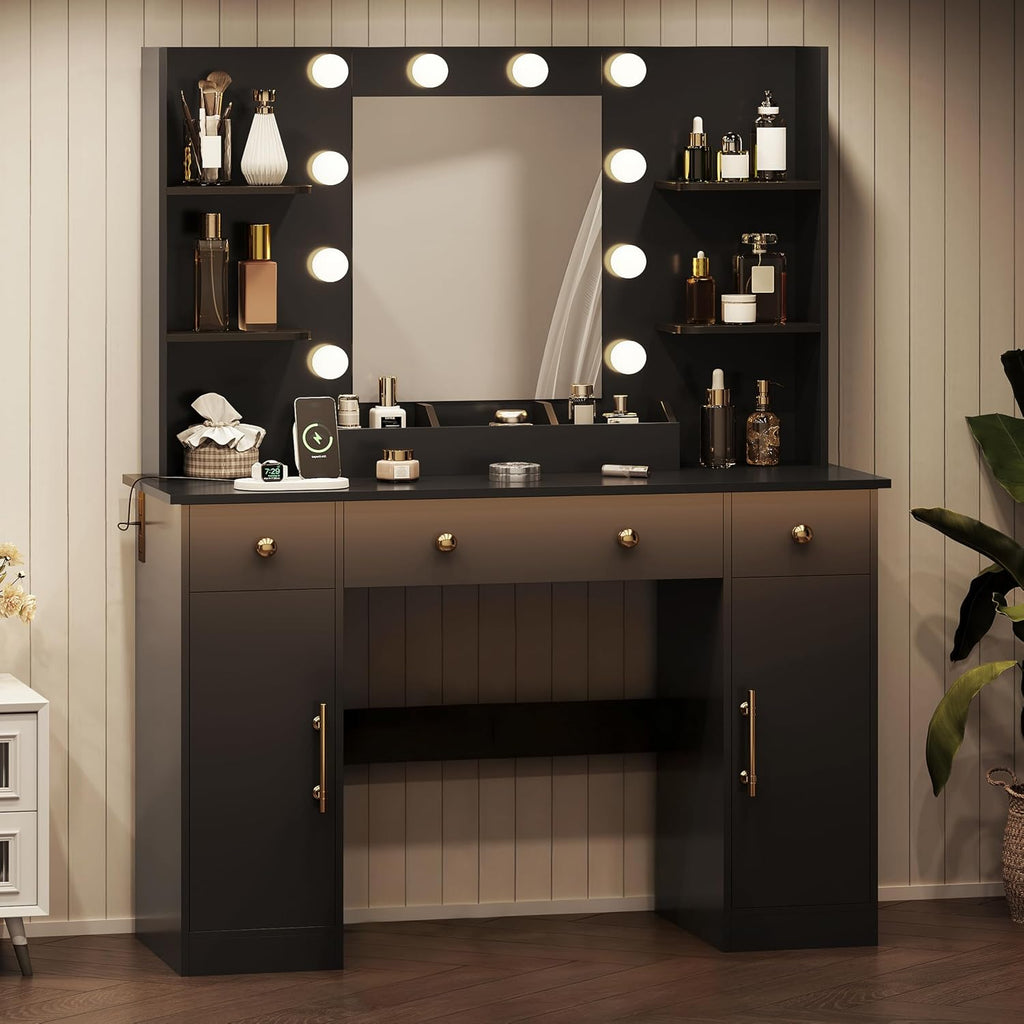 HUANLEGO Vanity Desk with Mirror and Lights, Makeup Vanity with Mirror and LED Lights & Power Outlet, 3 Drawers and Cabinets, 3 Lighting Modes Dressing Table Set for Girls Women Bedroom,Black