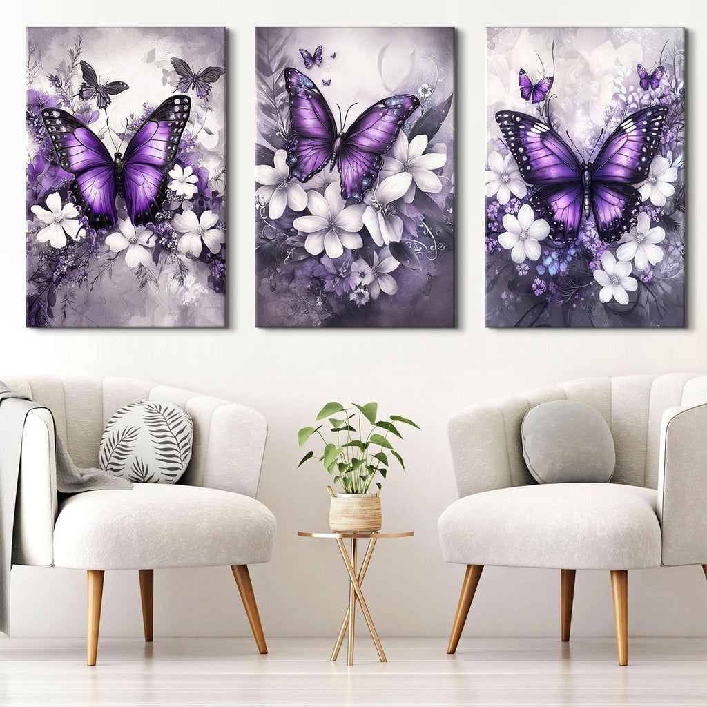 Vintage Floral Wall Art Purple Butterfly Flower Wall Decor Nature Blossom Botanical Pictures Farmhouse Wildflower Canvas Prints Painting Artwork for Bedroom Living Room Home Decoration 24x36' 3Pcs