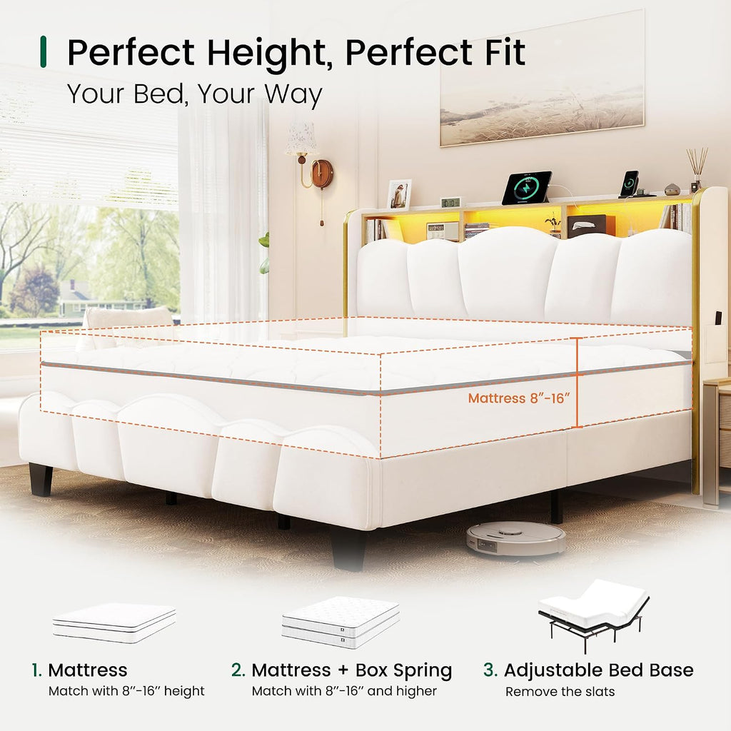 LARMACE King Size Bed Frame with LED Lights and Charging Station Velvet Upholstered Platform Bed Frame with Storage Headboard, No Box Spring Needed, Easy Assembly, White