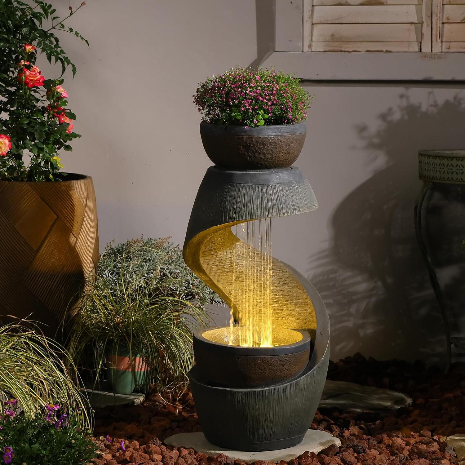 Sunlinua 31.9' S-Shaped Water Outdoor Fountain–Modern Cascading Waterfall Feature with LED Lights & Planter Bowl, Garden Fountains Outdoor for Patio, Balcony, Yard or Home Decor, Resin Waterfall