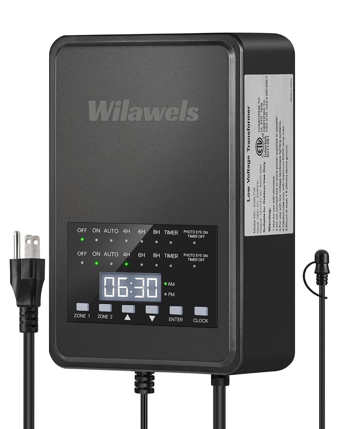 600W Low Voltage Landscape Transformer, 2 Zone Independent Control 120VAC to 12/14V AC Low Voltage Transformer, Landscape Lighting Transformer with Timer & Photocell Sensor ETL Listed D20LT06
