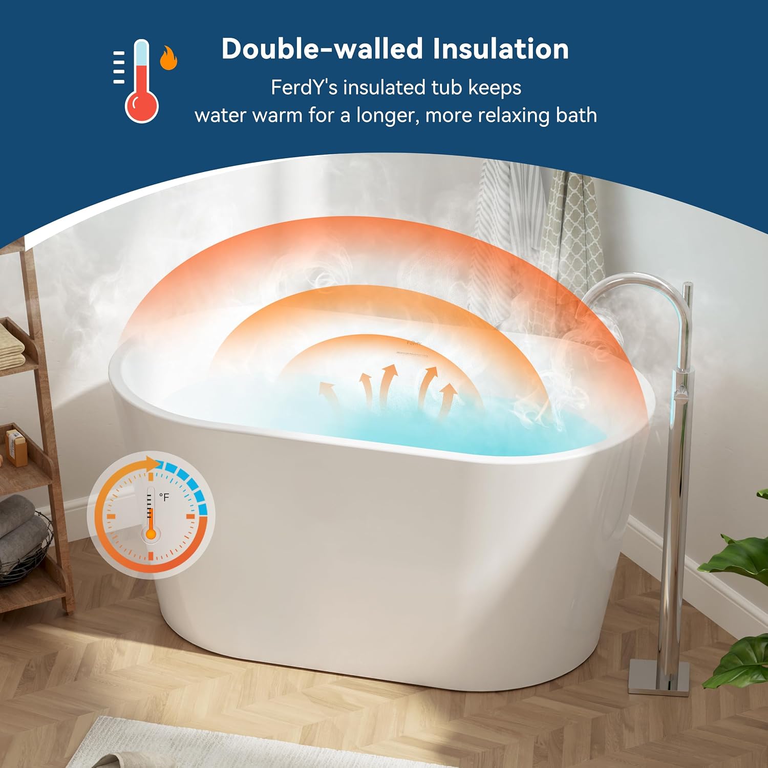 FerdY Shangri-La 47' Acrylic Freestanding Bathtub, Small Classic Oval Shape Acrylic Soaking Bathtub with Brushed Nickel Drain & Minimalist Linear Design Overflow, Modern White, cUPC Certified