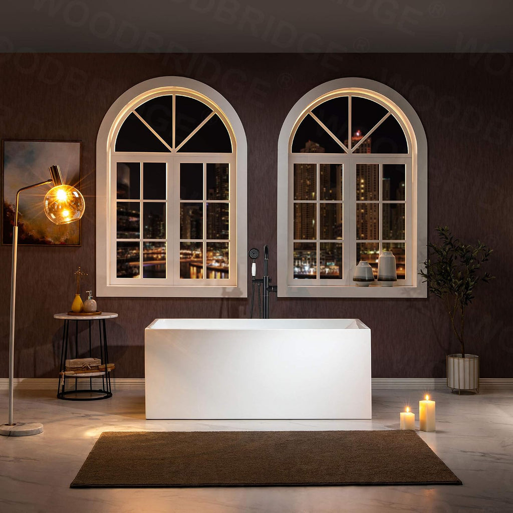 WOODBRIDGE 67' Acrylic Freestanding Bathtub Contemporary Soaking White Tub with Oil Rubbed Bronze Overflow and Drain，B0086-ORB-Drain&O