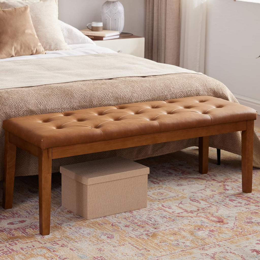 Ottoman Bench Upholstered Padded Seat with Solid Wood Legs and Button-Tufted, Big Oversized Ottoman, Faux Leather Cognac Brown