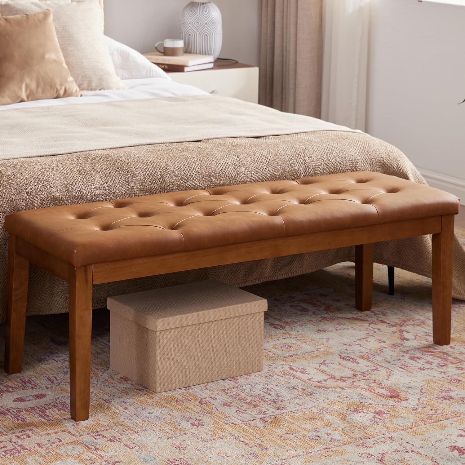 Ottoman Bench Upholstered Padded Seat with Solid Wood Legs and Button-Tufted, Big Oversized Ottoman, Faux Leather Cognac Brown