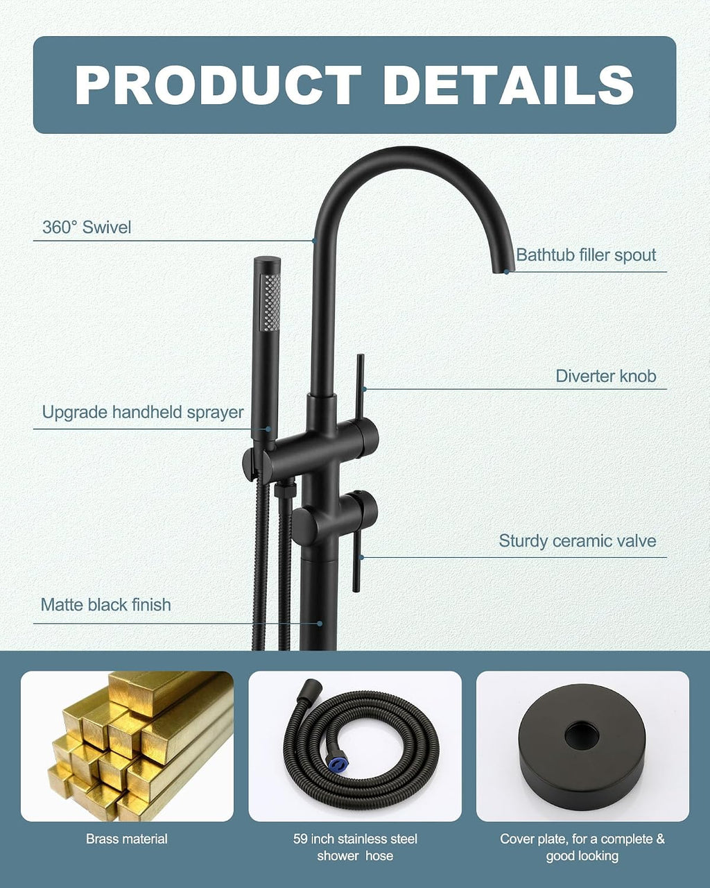 Freestanding Bathtub Faucet Matte Black: Floor Mount Tub Filler, High Flow Brass Shower Faucets with Handheld Sprayer for Bath
