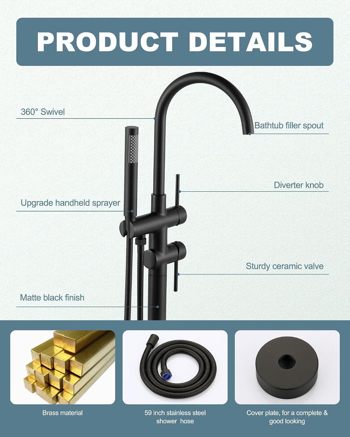Freestanding Bathtub Faucet Matte Black: Floor Mount Tub Filler, High Flow Brass Shower Faucets with Handheld Sprayer for Bath