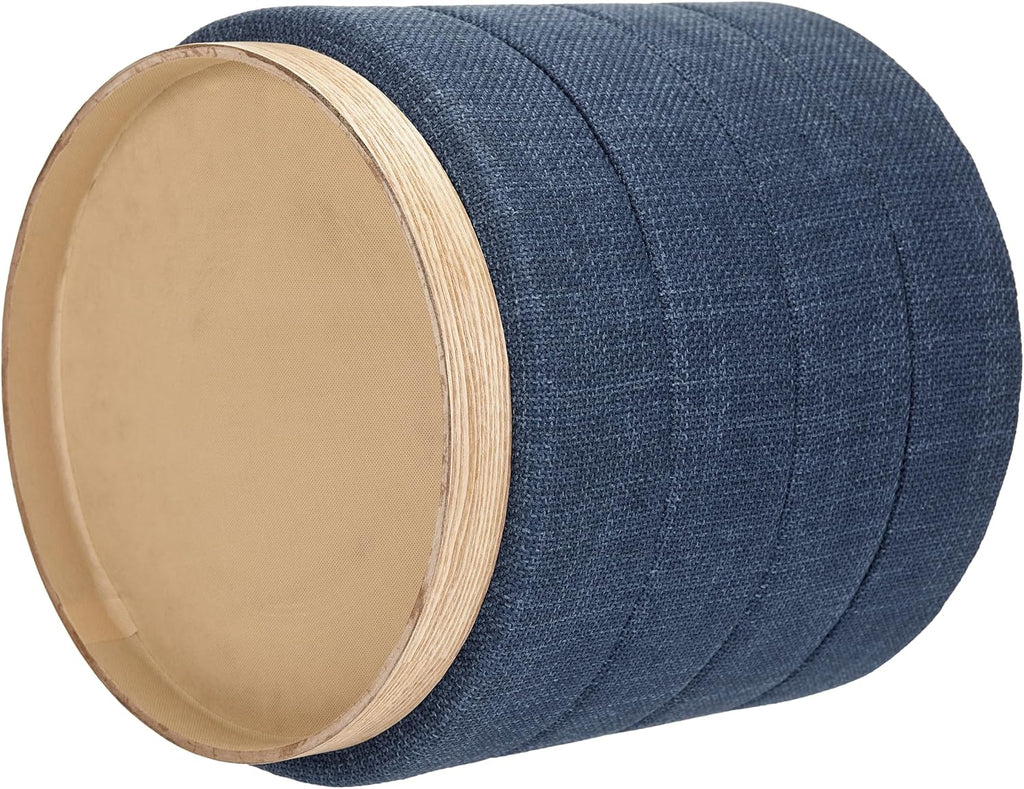 Round Ottoman with Storage – Elegant Durable Linen Upholstered Footrest Bench for Living Room, Cylinder Vanity Stool – Dark Blue