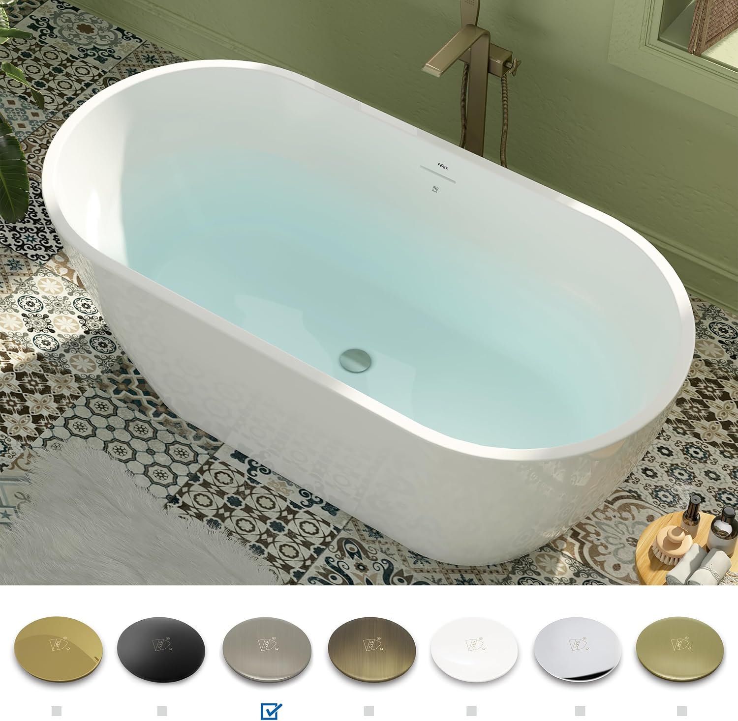 FerdY 59' Bali Elite Acrylic Freestanding Bathtub, Gracefully Shaped Freestanding Soaking Bathtub, cUPC Certified, Toe-Tap Brushed Nickel Drain and Minimalist Linear Design Overflow Included