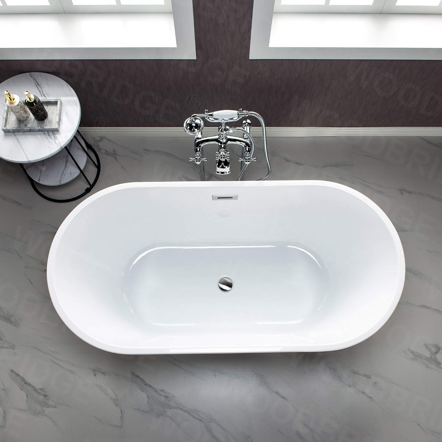 WOODBRIDGE 59'Freestanding White Acylic Soaking Bathtub with White Pillow,Drain and Overflow inChrome,BTA1536 -C-Drain &O+ Pillow