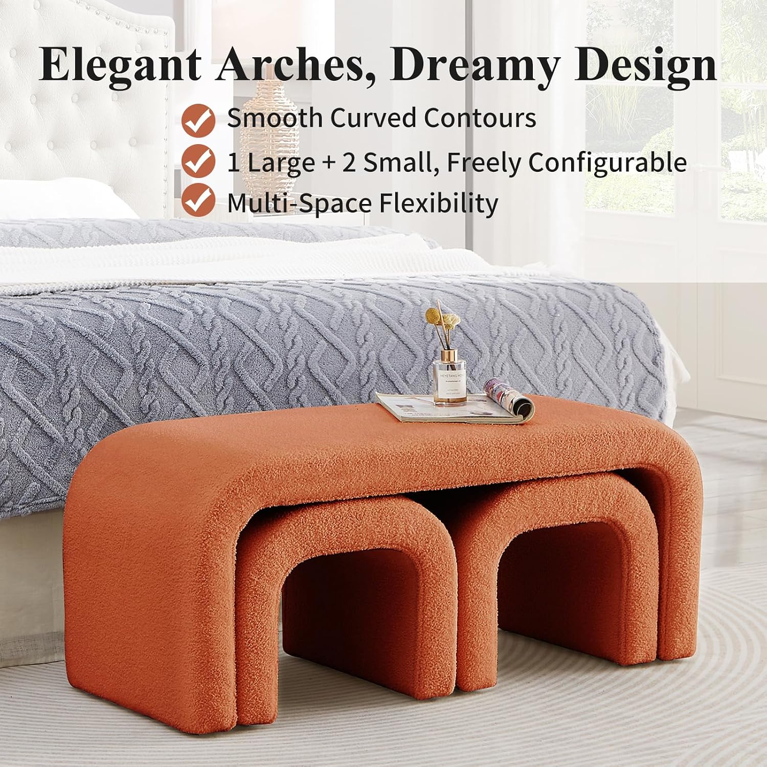 3-Piece Modern Ottoman Bench Set, 44' Wide Teddy Upholstered End of Bed Bench with 2 Foot Stools, Padded U-Shaped Entry Bench Vanity Stool for Living Room Bedroom (Orange)