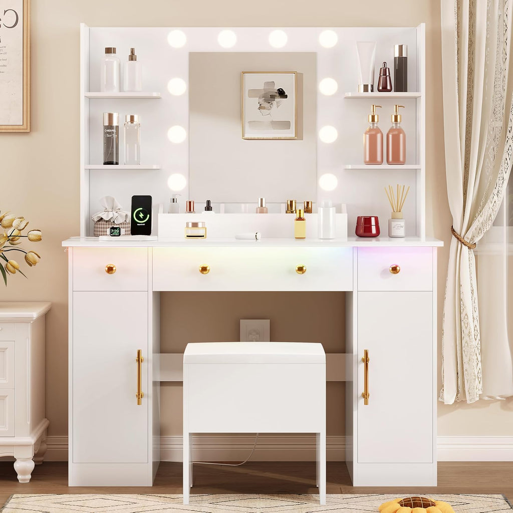HUANLEGO Vanity Desk with Mirror and Lights, Makeup Vanity with Charging Station & Vanity Stool, 3 Drawers and Cabinets White Vanity Mirror with RGB LED Lights Vanity Desk and Chair for Women