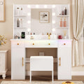 HUANLEGO Vanity Desk with Mirror and Lights, Makeup Vanity with Charging Station & Vanity Stool, 3 Drawers and Cabinets White Vanity Mirror with RGB LED Lights Vanity Desk and Chair for Women