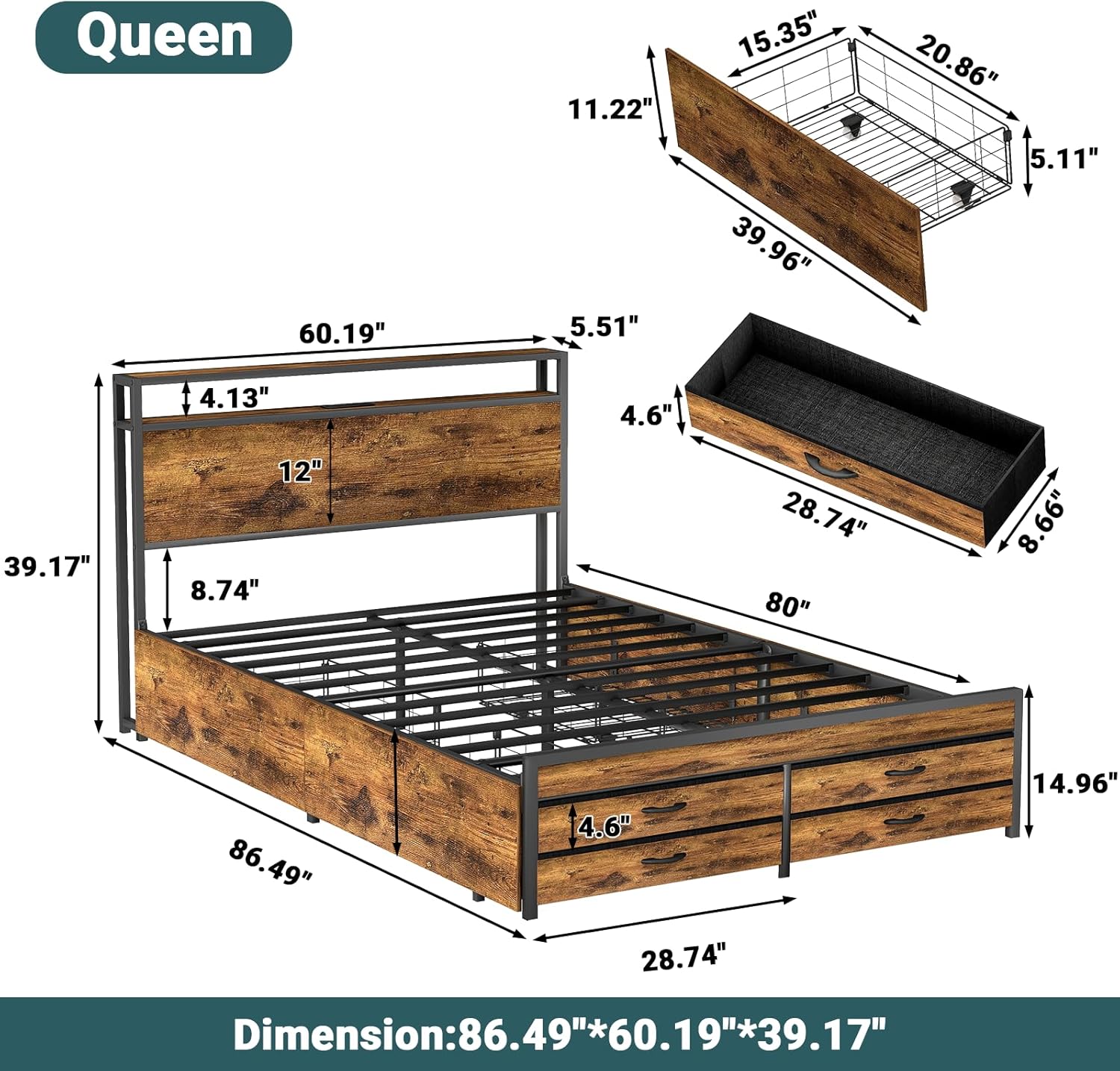 Zevemomo Queen Size Bed Frame with 8 Storage Drawers, Sturdy Queen Platform Bed with Wooden Headboard & Footboard, Noise-Free Design, No Box Spring Required, Brown