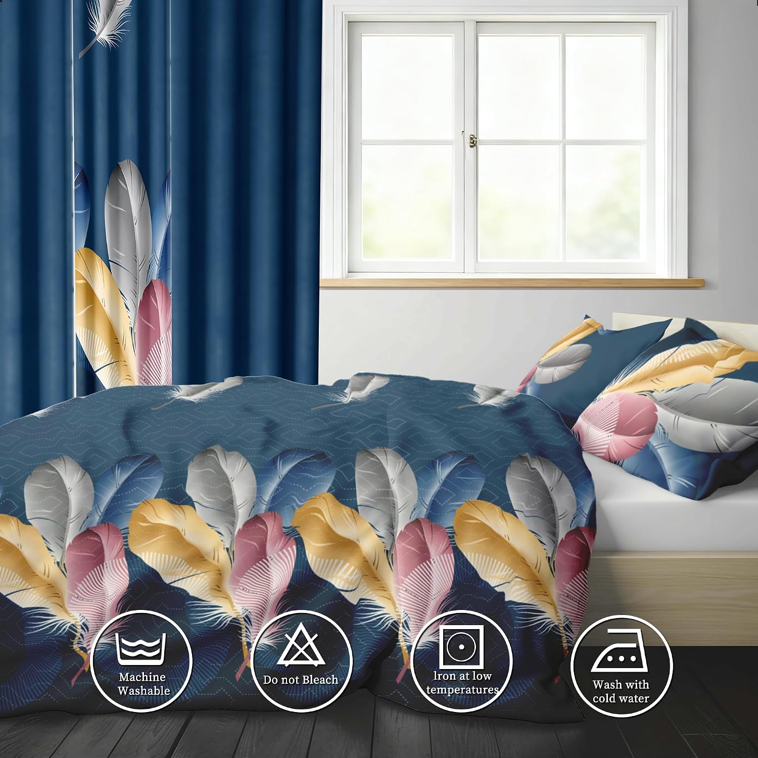 Luxury 9-Piece Blue Feather Queen Light Comforter Set, Bohemian Bed in a Bag Queen Bedspread with Matching Curtains Ultra Soft & Breathable All-Season Decor for Master Suite, Chic Home & Wedding Decor