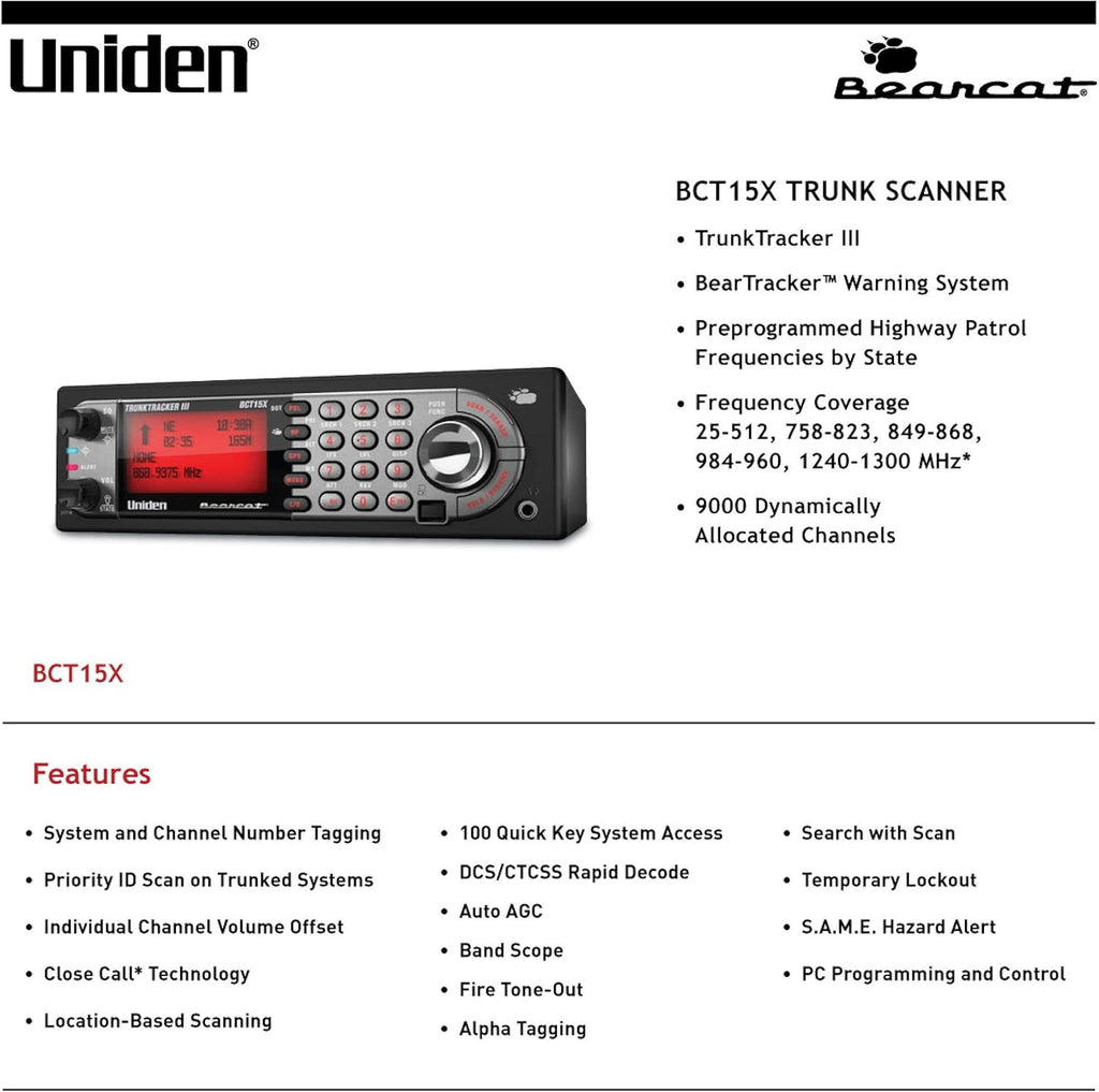 Uniden BearTracker Scanner (BCT15X) with 9,000 Channels, TrunkTracker III Technology, Base/Mobile Design, Close Call RF Capture Technology with Location-Based Scanning, - Black Color