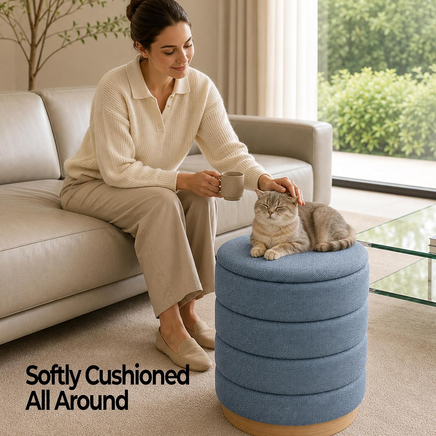 Ottoman Collection Stylish Linen Cylinder Storage Light Blue Round Footrest Vanity Stool Furniture Living Room Small Bench 16' L X16 W X 17' H