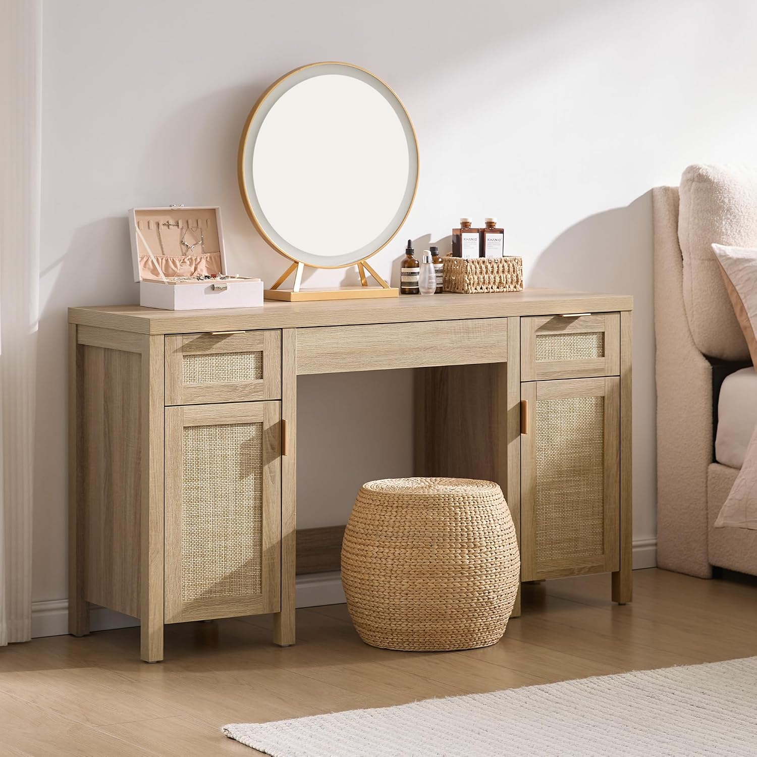 SICOTAS 2 Pieces Rattan Vanity Home Office Desk - Big Boho Makeup Vanities Benches with Drawers & Storage Cabinets, Dressing Vanity Table for Makeup Room, Bedroom, Home Office, Light Oak